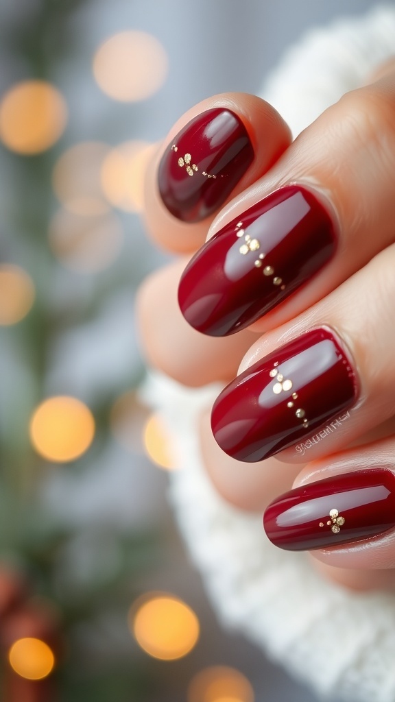Elegant dark red Christmas nails with glossy finish and gold glitter accents against a festive background.